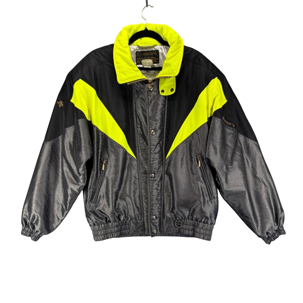 Descente Vintage Ski Jacket Mens Large Gray Neon Yellow Excellent Retro 90s